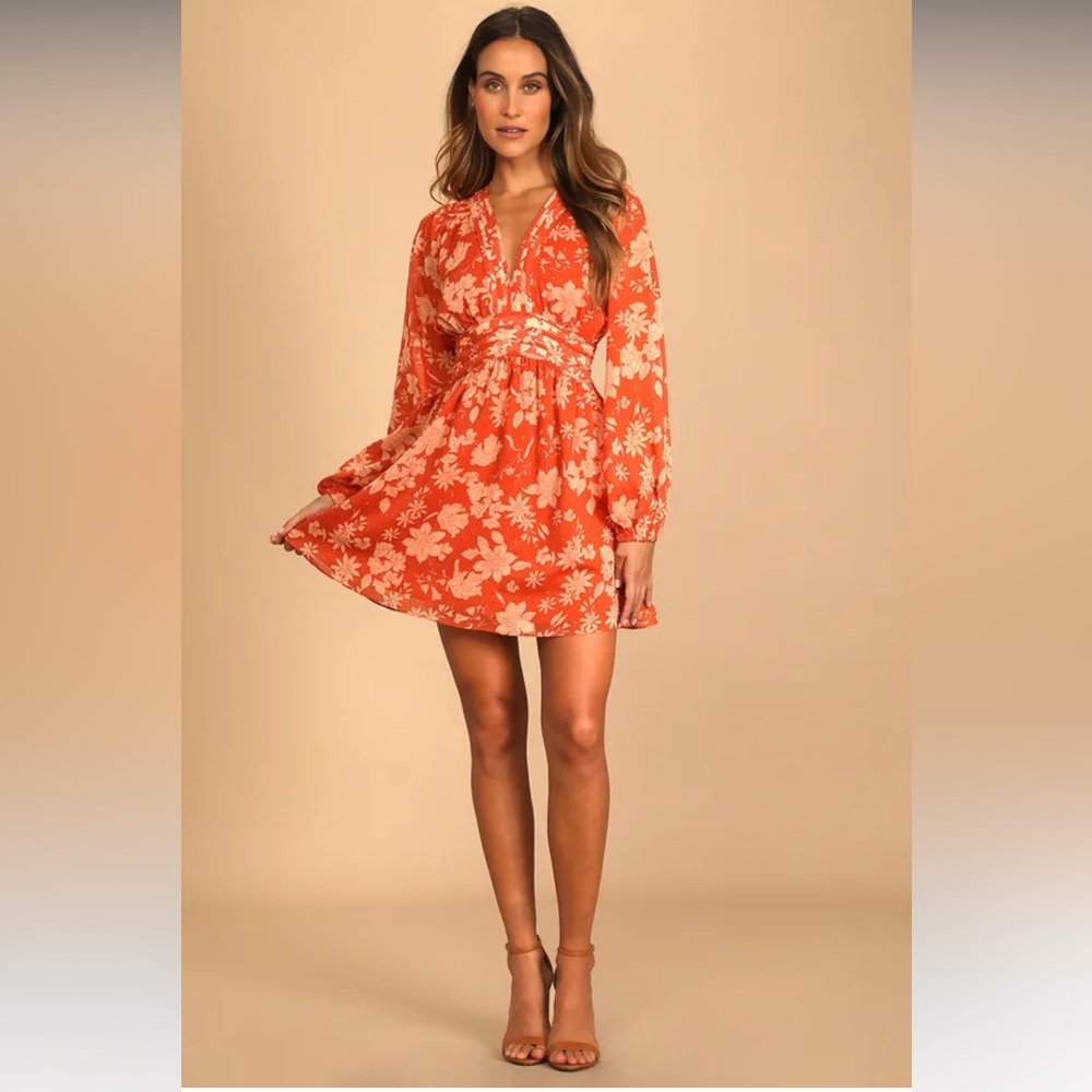 Gleaming Garden Rust Orange Floral Print Long Sleeve Mini Dress